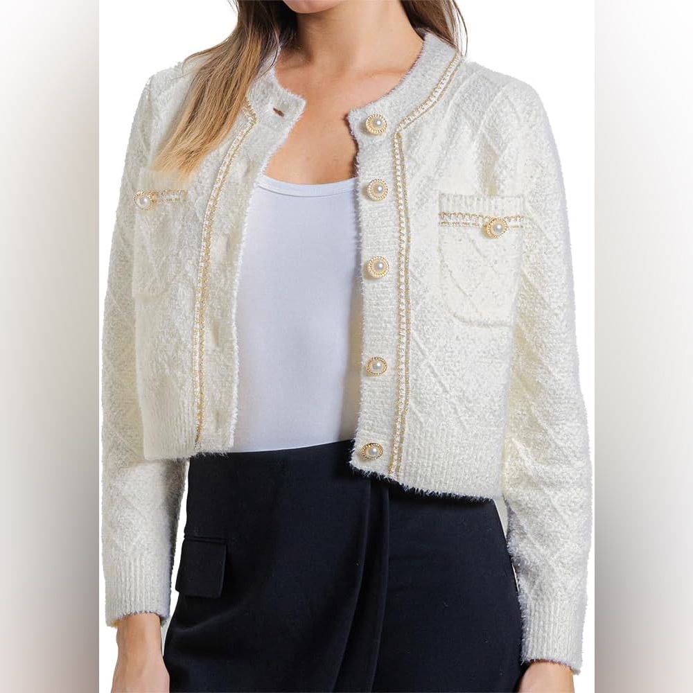 Urban Revivo white fluffy contrast trim faux pearl button cardigan